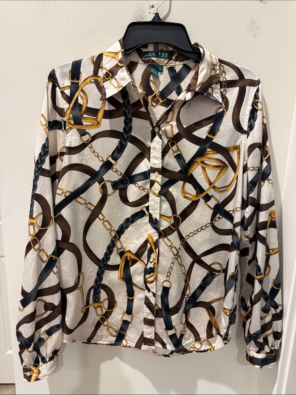 Lauren Ralph Lauren Cream Button-Down Shirt Equestrian Print Satin size medium